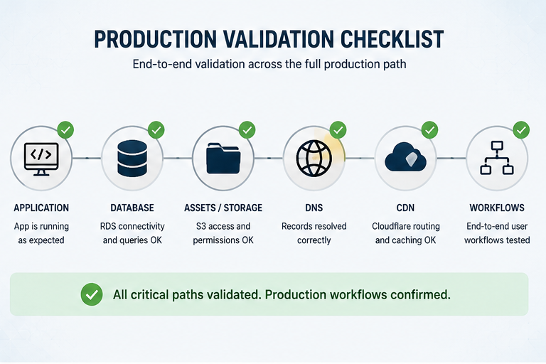 Production validation checklist covering app, database, storage, DNS, CDN, and workflow checks.