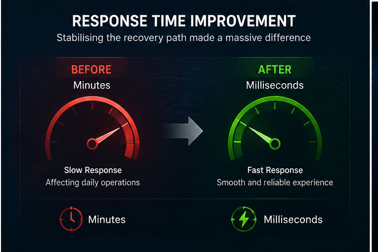 Before and after comparison showing platform response time improvement from minutes to milliseconds.