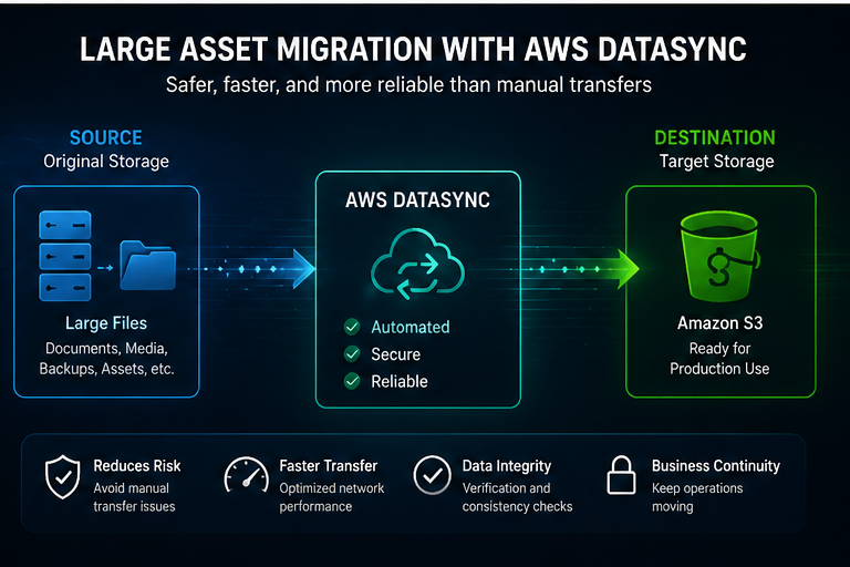 AWS DataSync asset migration visual for moving large platform files safely.