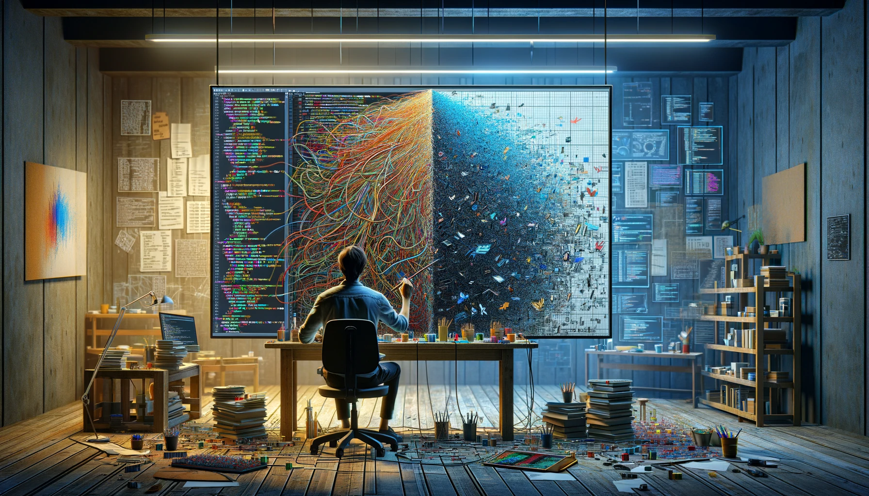 Illustration of an engineer facing a complex system map, showing messy legacy workflows on one side and a more structured digital system on the other.
