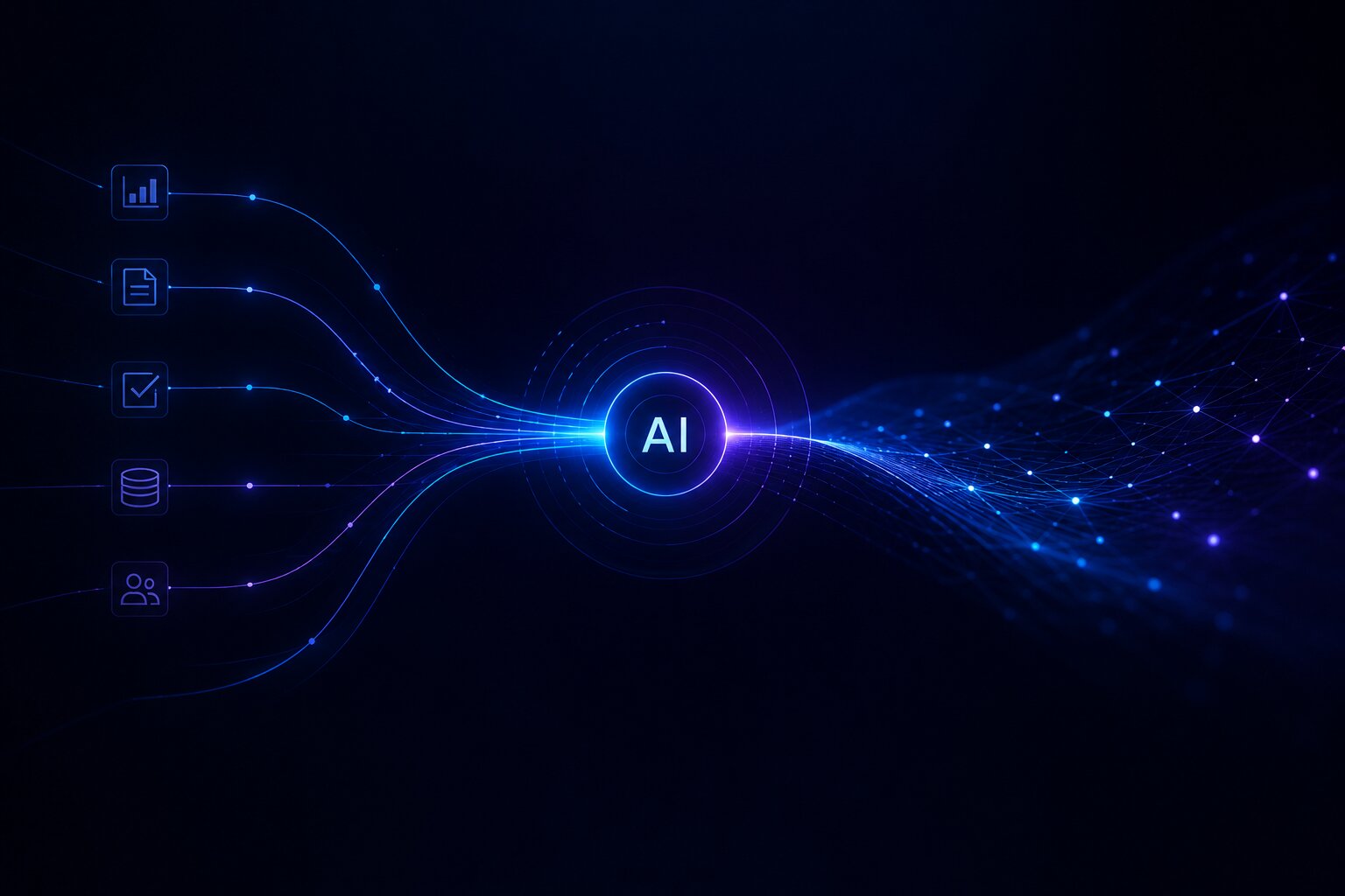 Abstract AI system intelligence layer showing operational data flowing into a central AI hub and converting into connected insights.